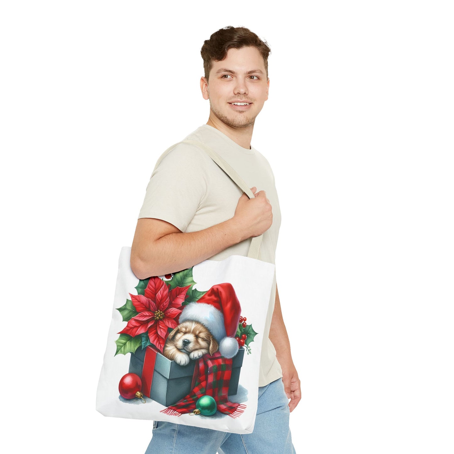 🎁 Sleeping Puppy in Gift Box Christmas Tote – Cozy Holiday Charm for Dog Lovers 🐾