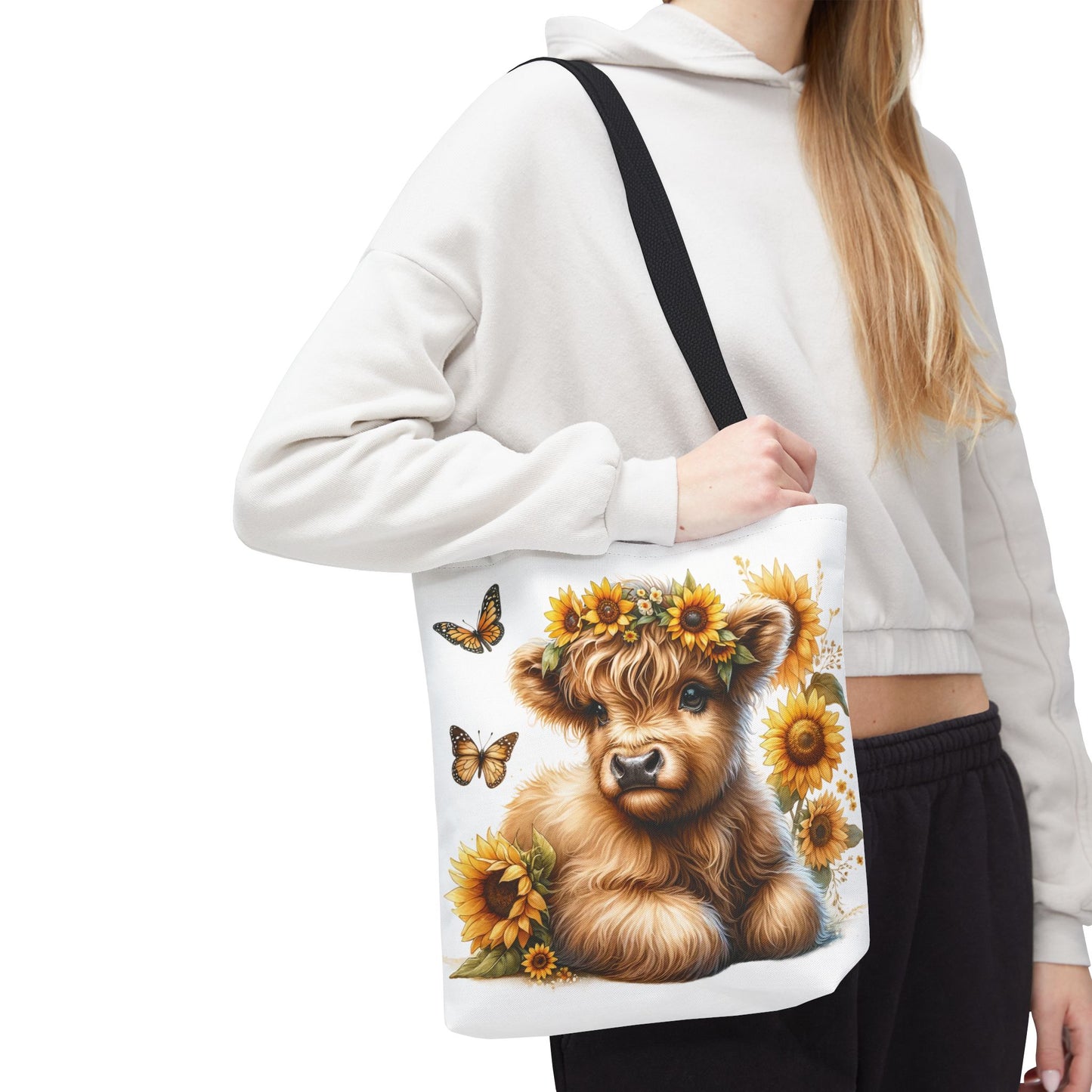 🌻 Sunflower Crown Highland Calf Tote Bag – Country Charm & Butterfly Bliss 🐮👜
