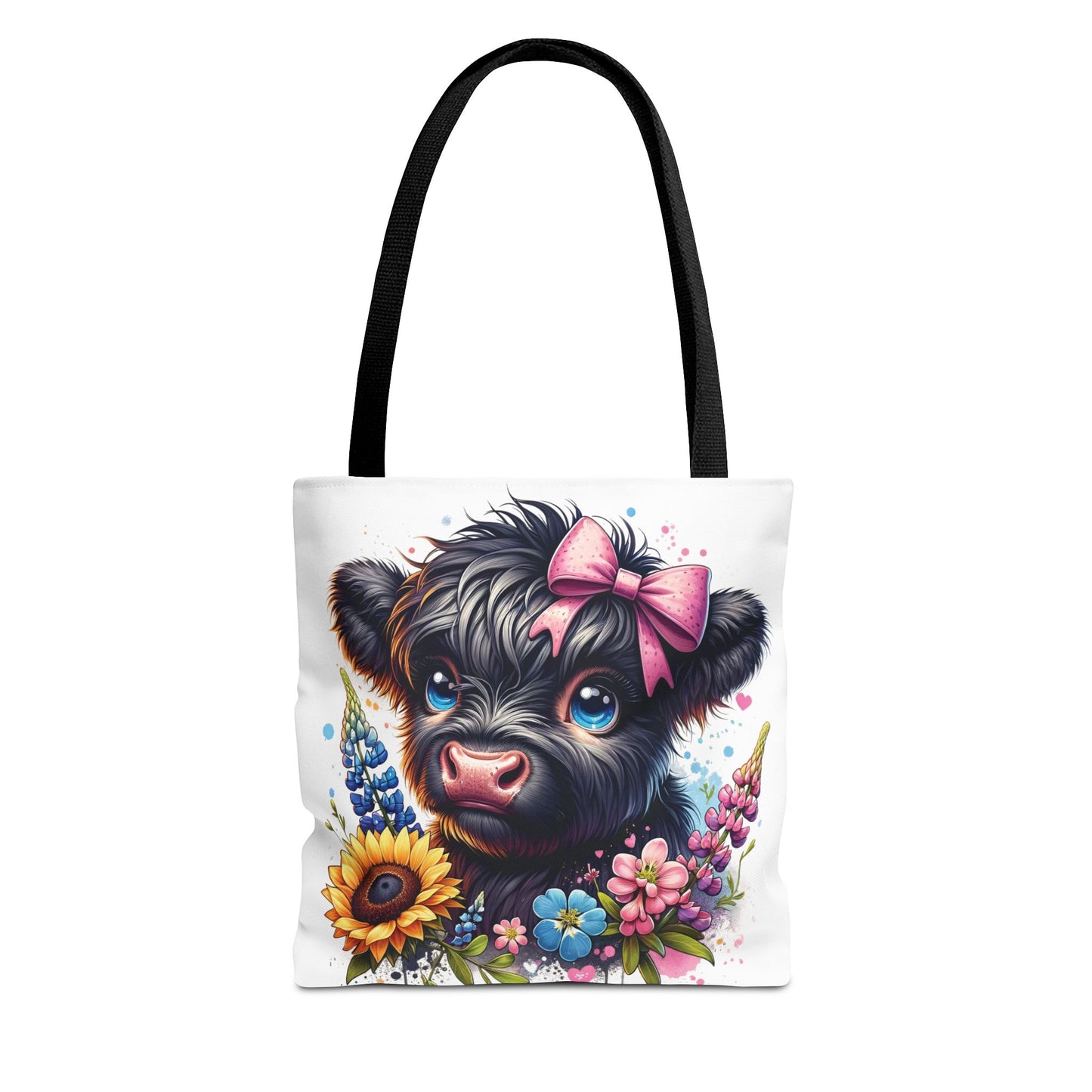 🌸 Black Highland Calf Floral Tote Bag – Sweet Style for Every Age 🐮👜