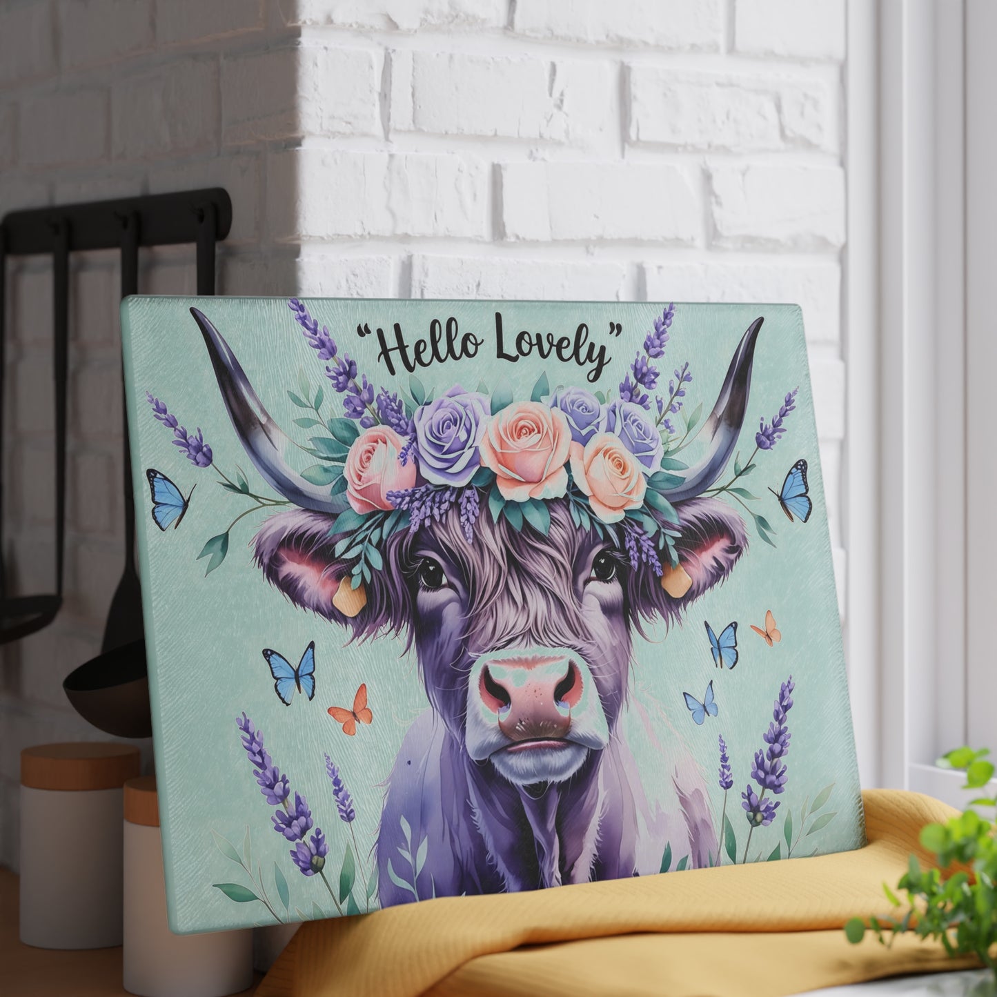 🐮 “Hello Lovely” Highland Cow Cutting Board – Floral Charm Meets Farmhouse Style