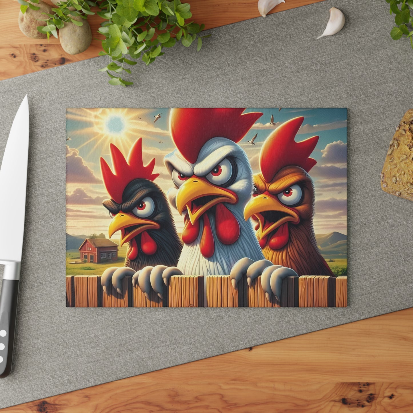 🐔 Three Angry Chickens Glass Cutting Board – Funny Farmhouse Kitchen Decor