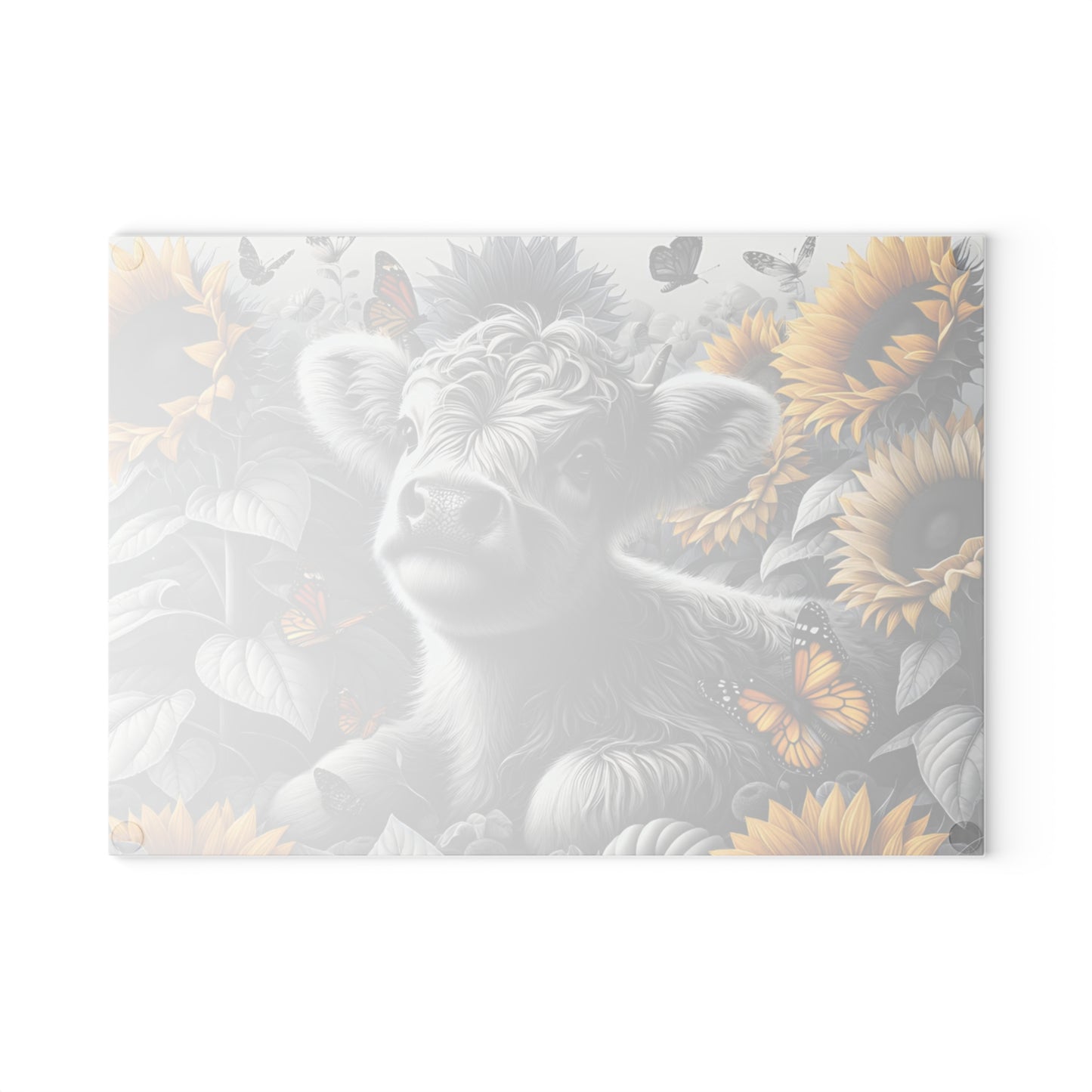 🐮 Black & White Calf with Sunflowers & Butterflies Cutting Board – Rustic Farmhouse Beauty in Glass