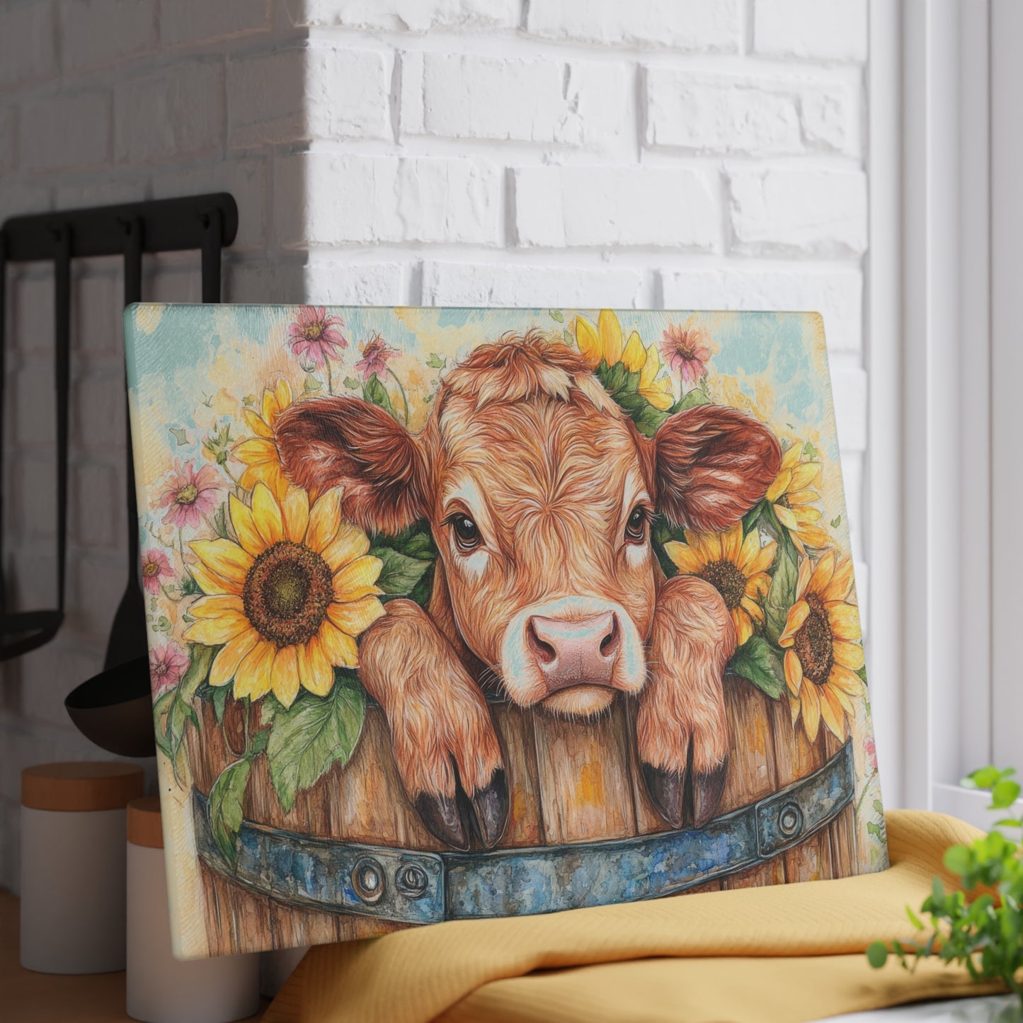🐮🌻 Sunflower Calf Cutting Board – Rustic Farmhouse Beauty for Your Kitchen 🌼