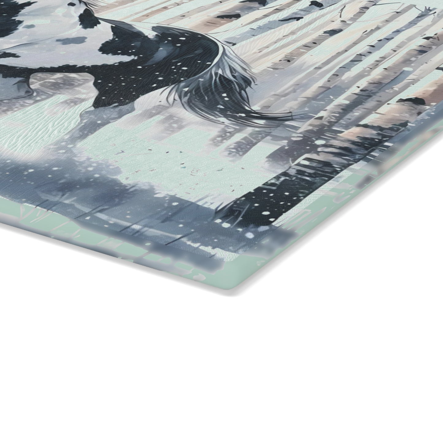 ❄️ Snowy Gallop Cutting Board – Majestic Horse in Birch Forest Winter Scene