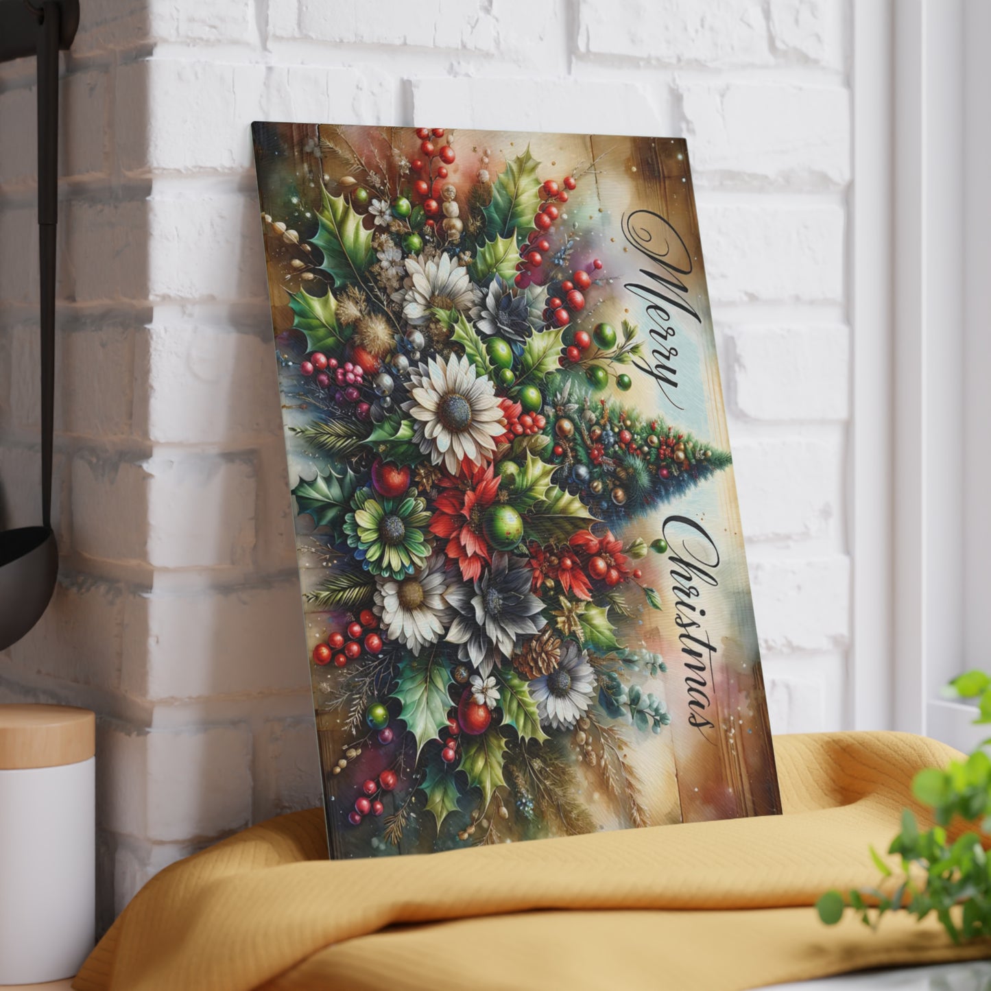 🎄✨ “Merry Christmas Bouquet” Glass Cutting Board – Festive Holiday Centerpiece for Your Kitchen