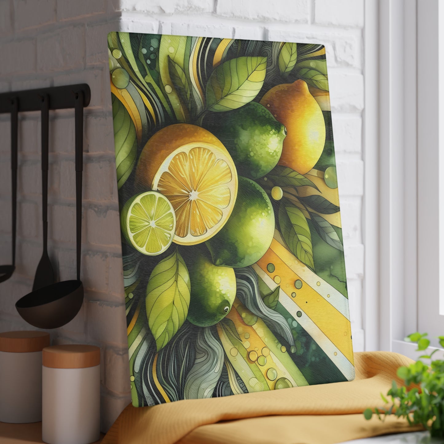Tabla de cortar de vidrio con limones y limas frescas: decoración de cocina y estilo para servir con un toque cítrico