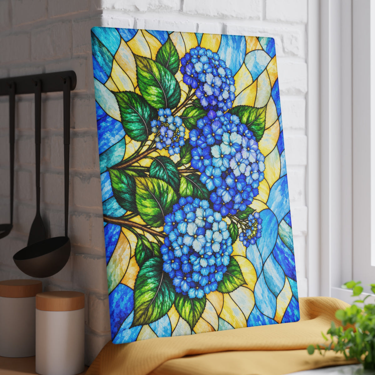 Stained-Glass-Inspired Blue Hydrangea Cutting Board – Vibrant Blue Floral Bouquet, Golden Mosaic Background & Botanical Kitchen Décor