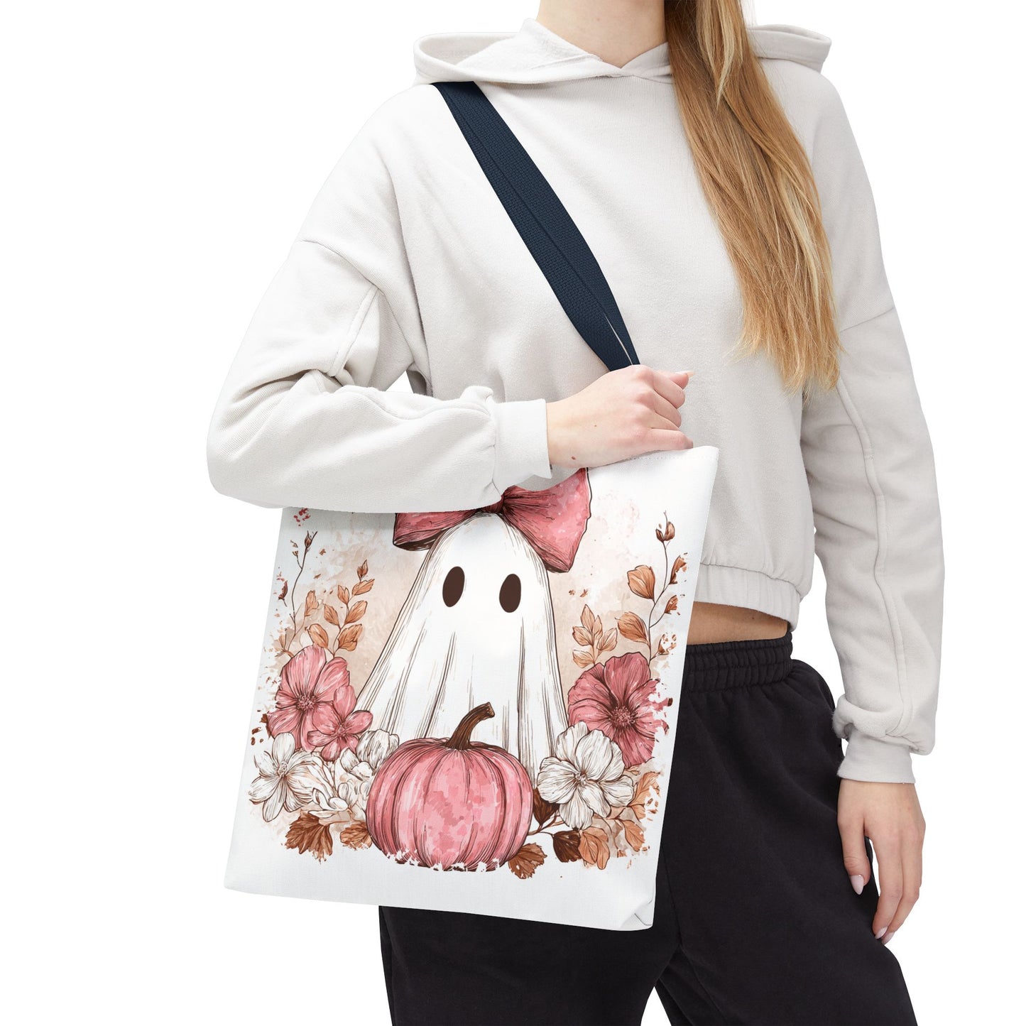 ๐ป Pink Bow Ghost Floral Halloween Tote Bag โ Spooky Cute with Fall Charm ๐๐