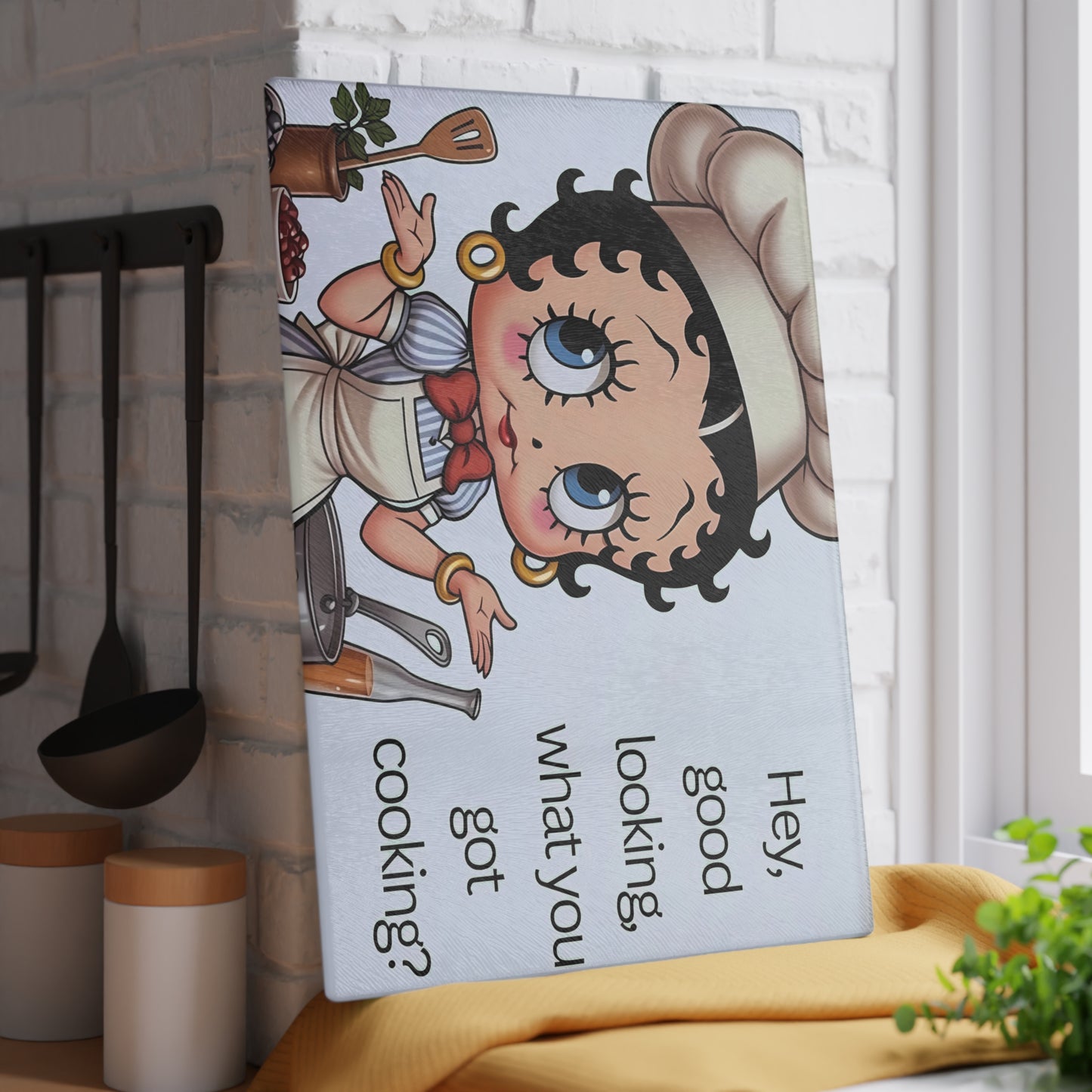👩🍳 Retro Chef Girl Glass Cutting Board – “Hey Good Looking, What You Got Cooking?”