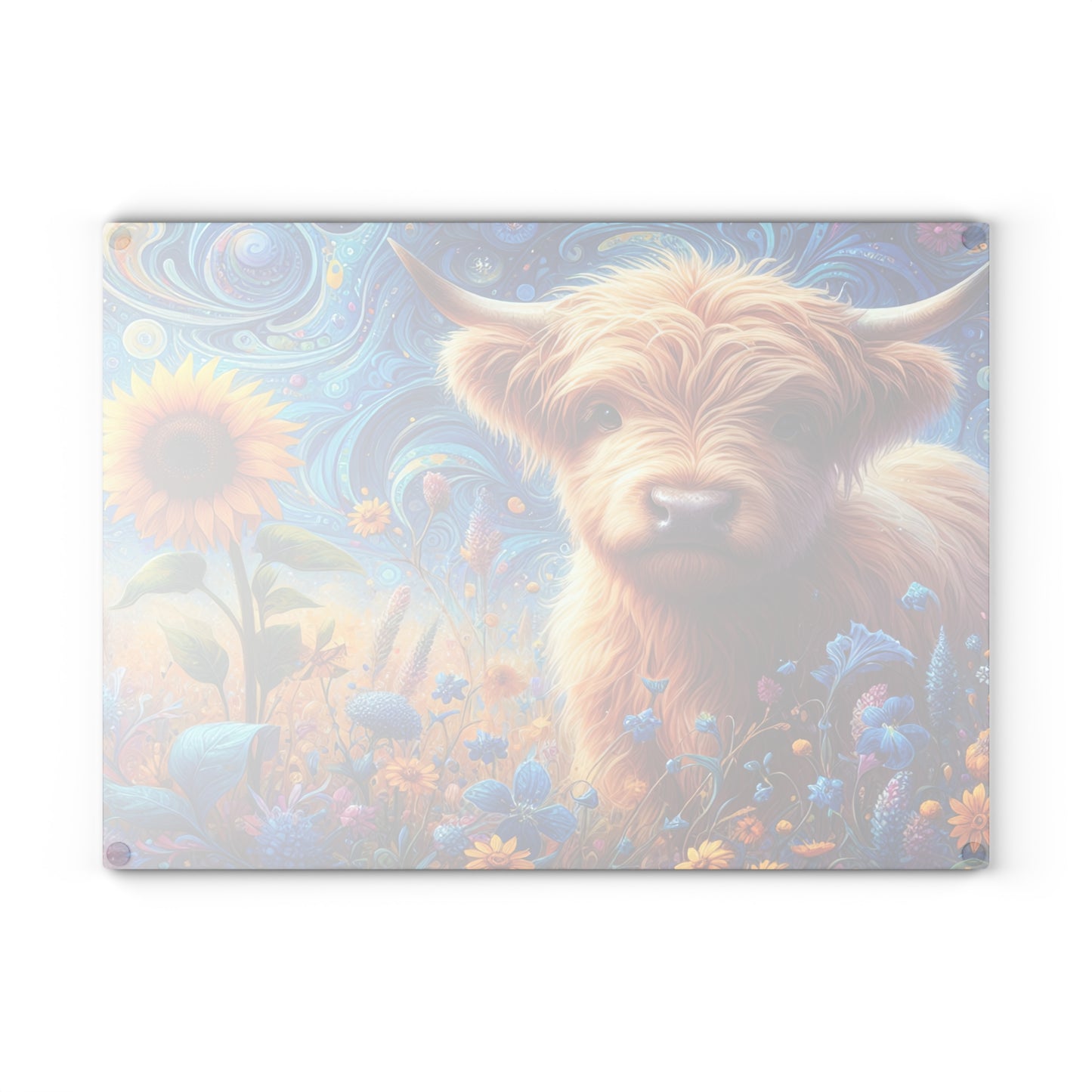 🐮🌻 Whimsy Highland Cow Glass Cutting Board – Floral Fantasy Farmhouse Style