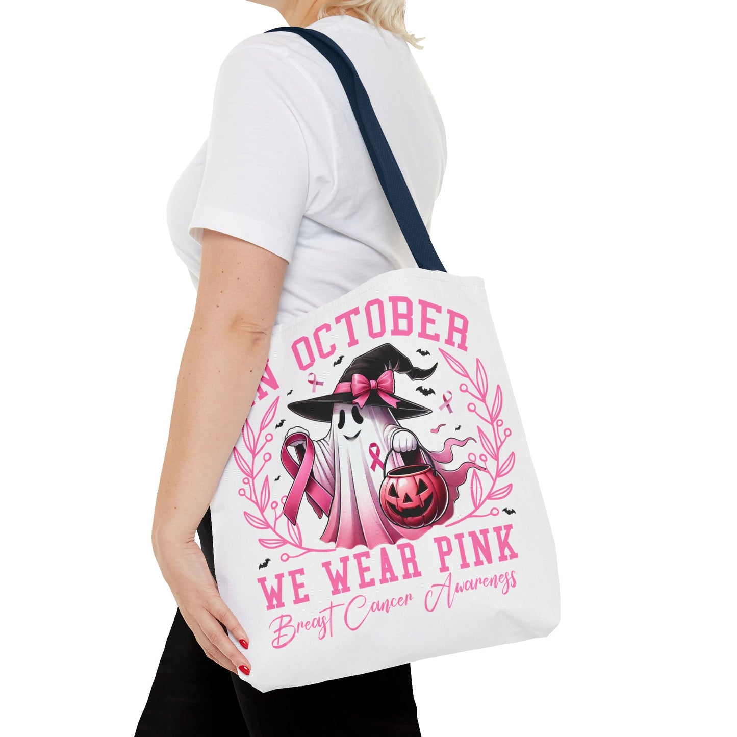 🎀 In October We Wear Pink Tote Bag – Breast Cancer Awareness with Spooky Charm 🎃