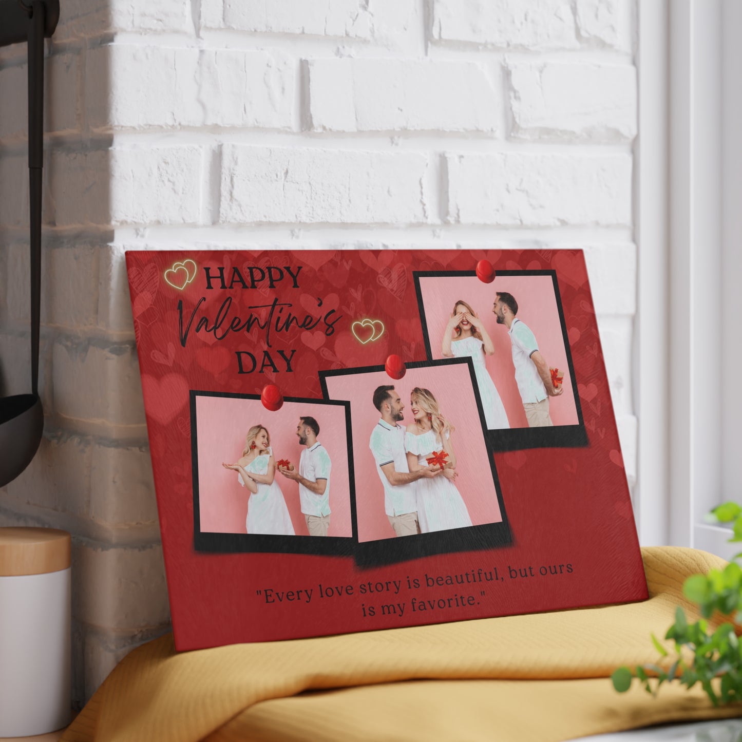 Happy Valentine’s Day Photo Collage Glass Cutting Board – Romantic Personalized Keepsake