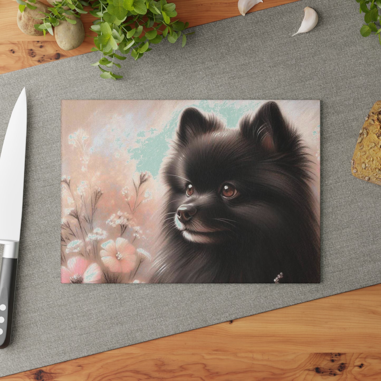 🖤 Black Pomeranian Cutting Board – Sweet Fluff & Floral Charm for Dog Lovers