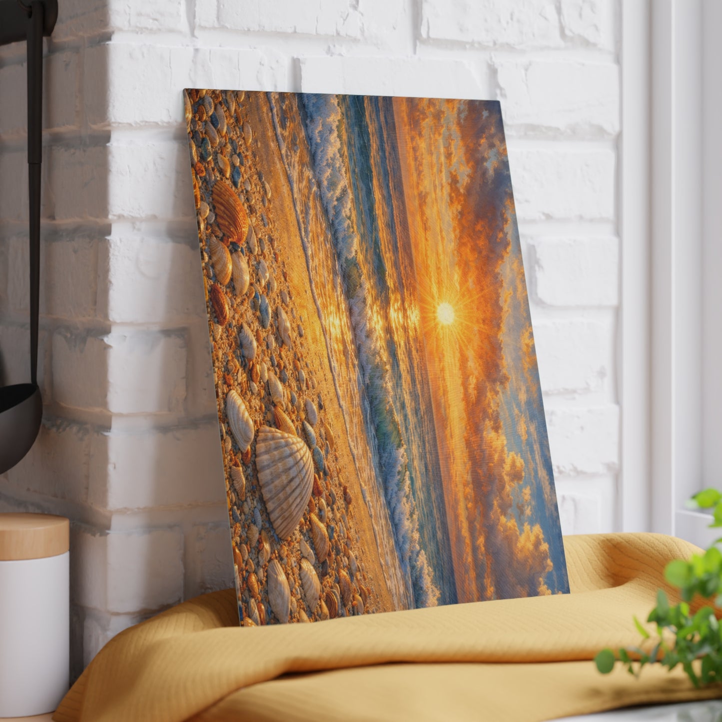 Golden Beach Sunrise Glass Cutting Board – Coastal Seashell Ocean Art