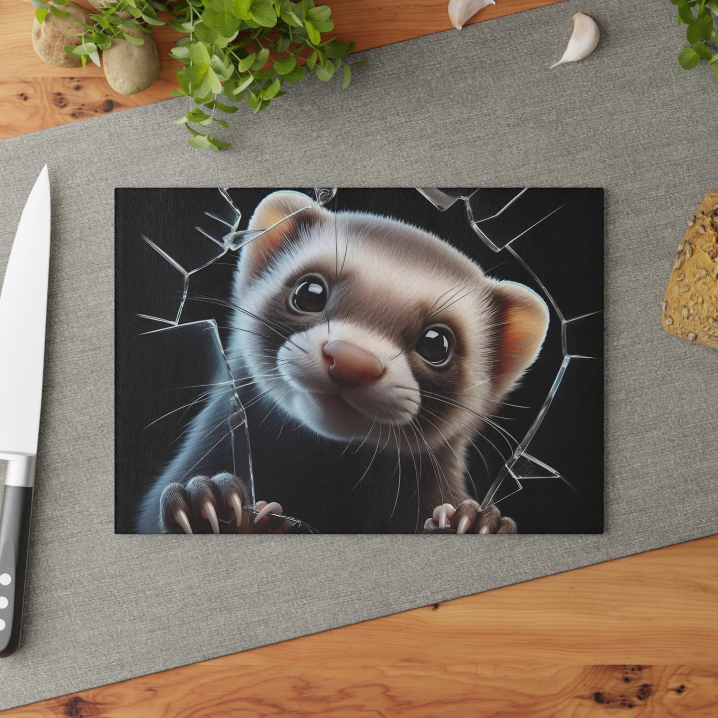 Tabla de cortar de vidrio con forma de hurón, adorable decoración de cocina para amantes de las mascotas, tabla para servir con temática de animales pequeños, regalo único para dueños de hurones, tabla para charcutería