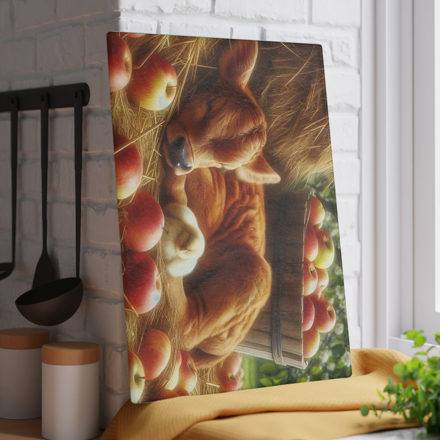 Tabla de cortar con diseño de vaca y pollito en heno con manzanas, regalo único, tabla de cortar de vidrio, tabla de charcutería, tabla de cortar personalizada