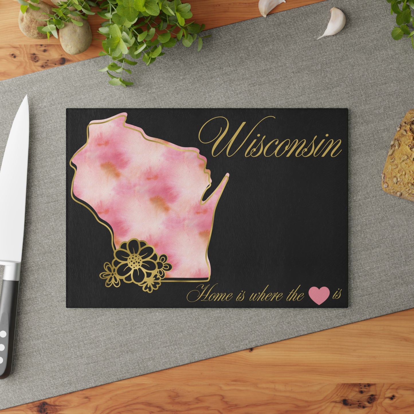 🌸 Wisconsin Floral State Cutting Board – Pink Blossoms & Hometown Charm 🌸