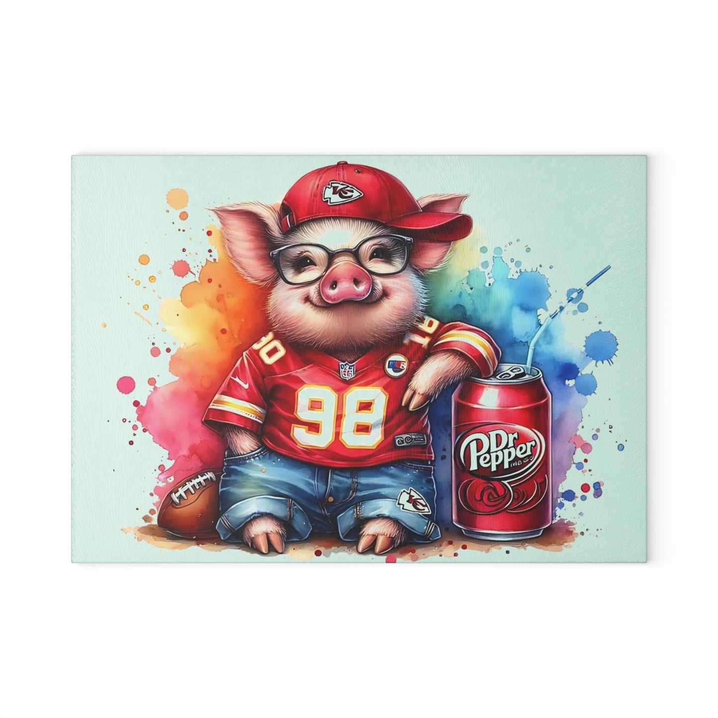 Tabla de cortar de vidrio con diseño de cerdo Jersey rojo y salpicaduras de arcoíris: un estilo de charcutería divertido y colorido para cocinas vibrantes