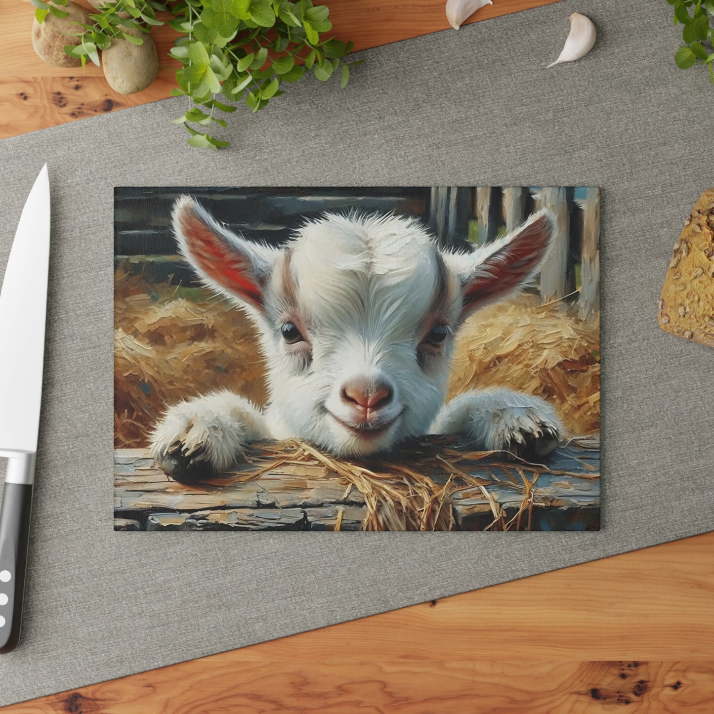 🐐 Rustic Baby Goat Cutting Board – Farmyard Cuteness with Hay & Charm