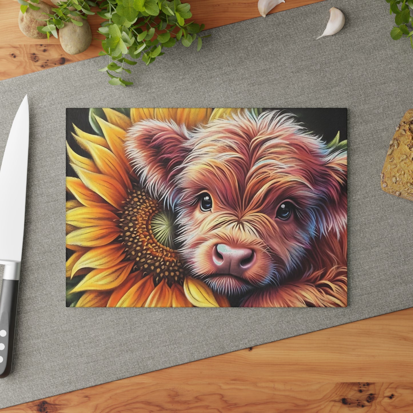 🌻 Highland Cow with Sunflower Glass Cutting Board – Beautifully Detailed Artwork for Your Kitchen 🌟