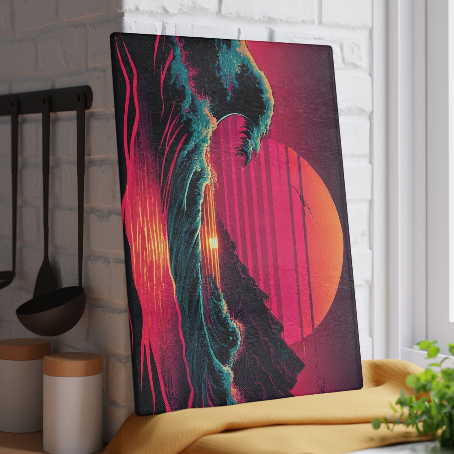 Tabla de cortar de vidrio con diseño de playa y palmeras – Decoración de cocina costera