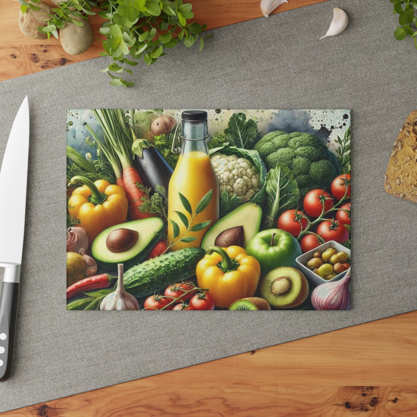Tabla de cortar de vidrio templado para verduras con una vibrante variedad de verduras frescas