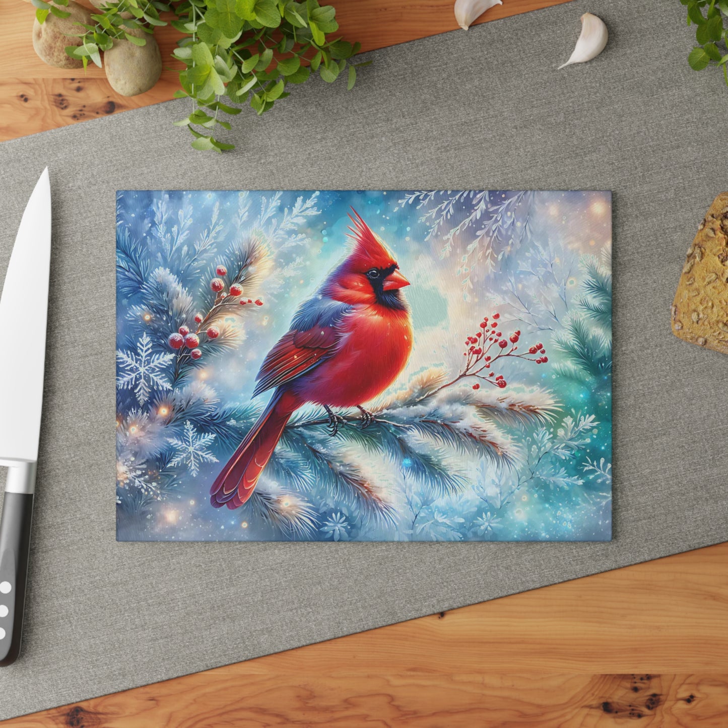 Cardinal Winter Scene Glass Cutting Board – Seasonal Kitchen Art