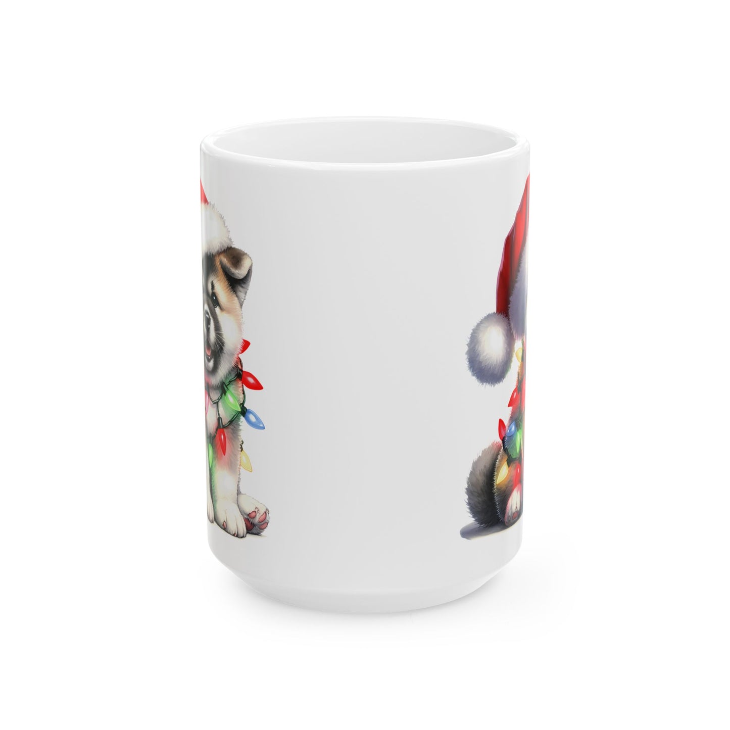 🎅 Akita Christmas Mug – Festive Puppy with Santa Hat & Holiday Lights 🎄