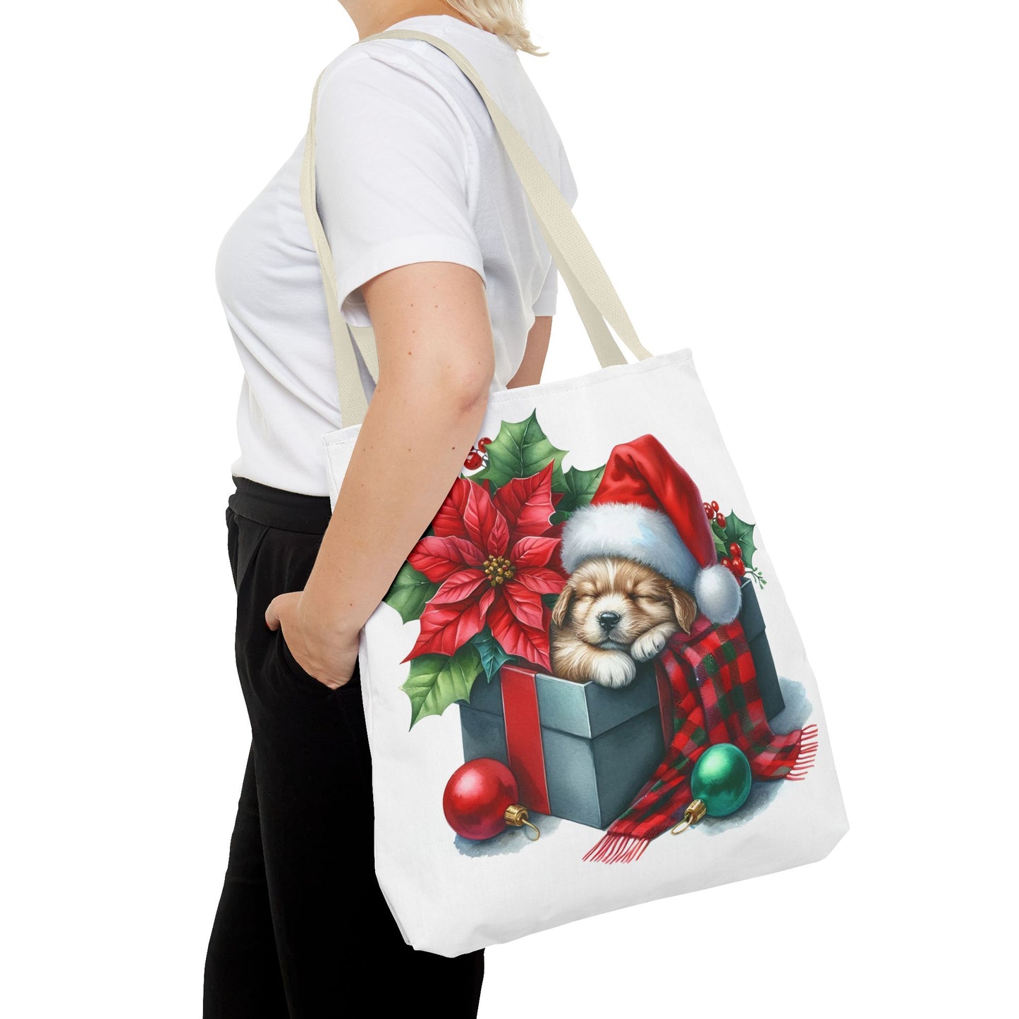 🎁 Sleeping Puppy in Gift Box Christmas Tote – Cozy Holiday Charm for Dog Lovers 🐾