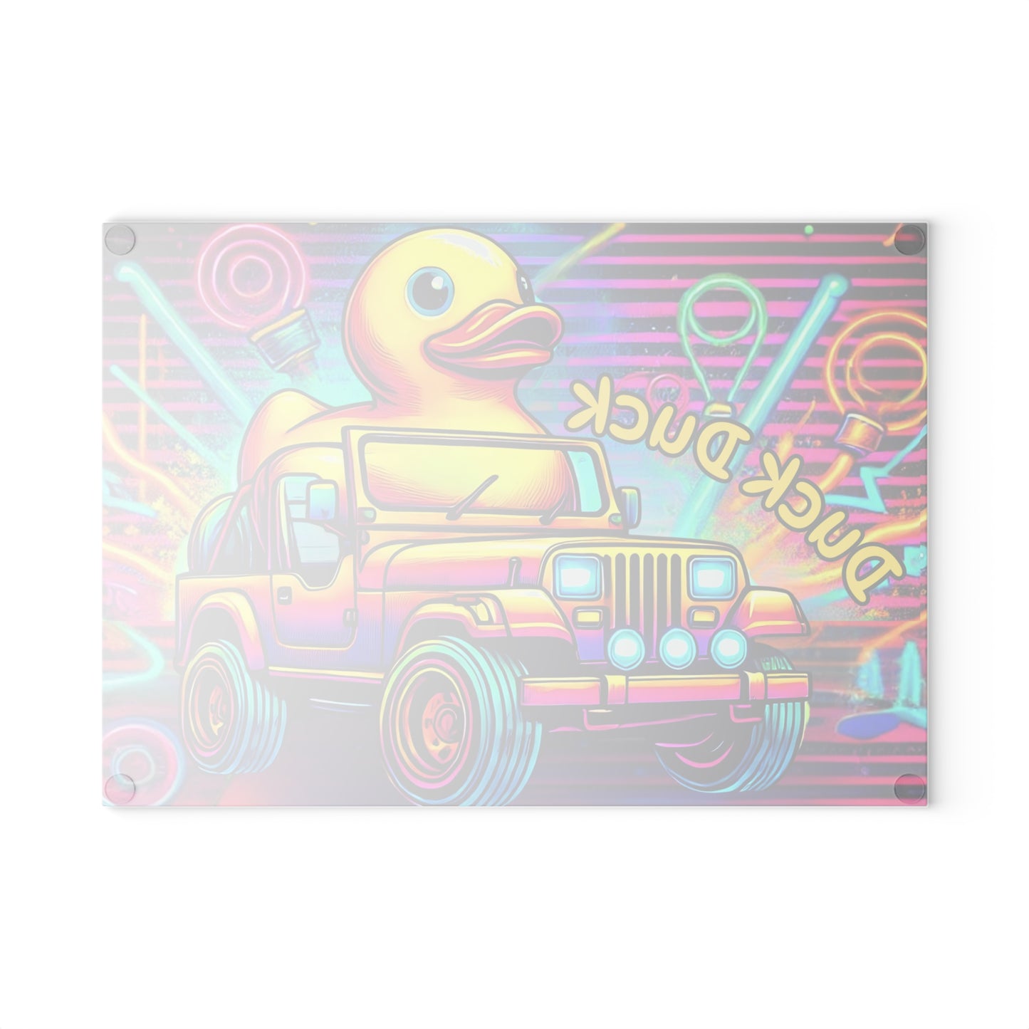 Tabla de cortar de vidrio con diseño de jeep neón y patito de goma: decoración todoterreno vibrante para la cocina, tabla de cortar para jeep, jeep neón, jeep con patito de goma