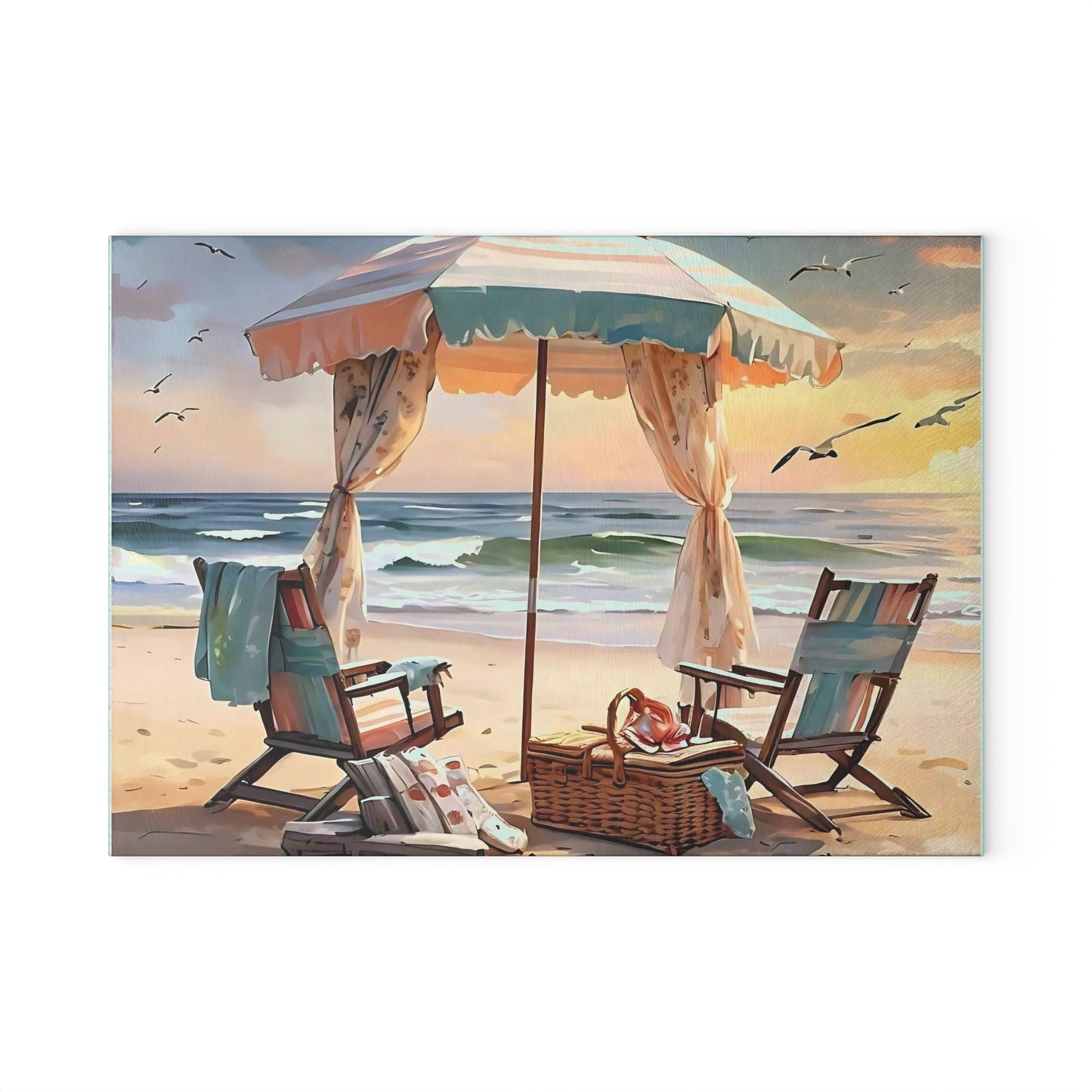Beach Cutting Board, Coastal Decor, Ocean Art, Beach Gift, Glass Cutting Board, Tropical Kitchen Decor, Hand-Painted Look, Beach Scene