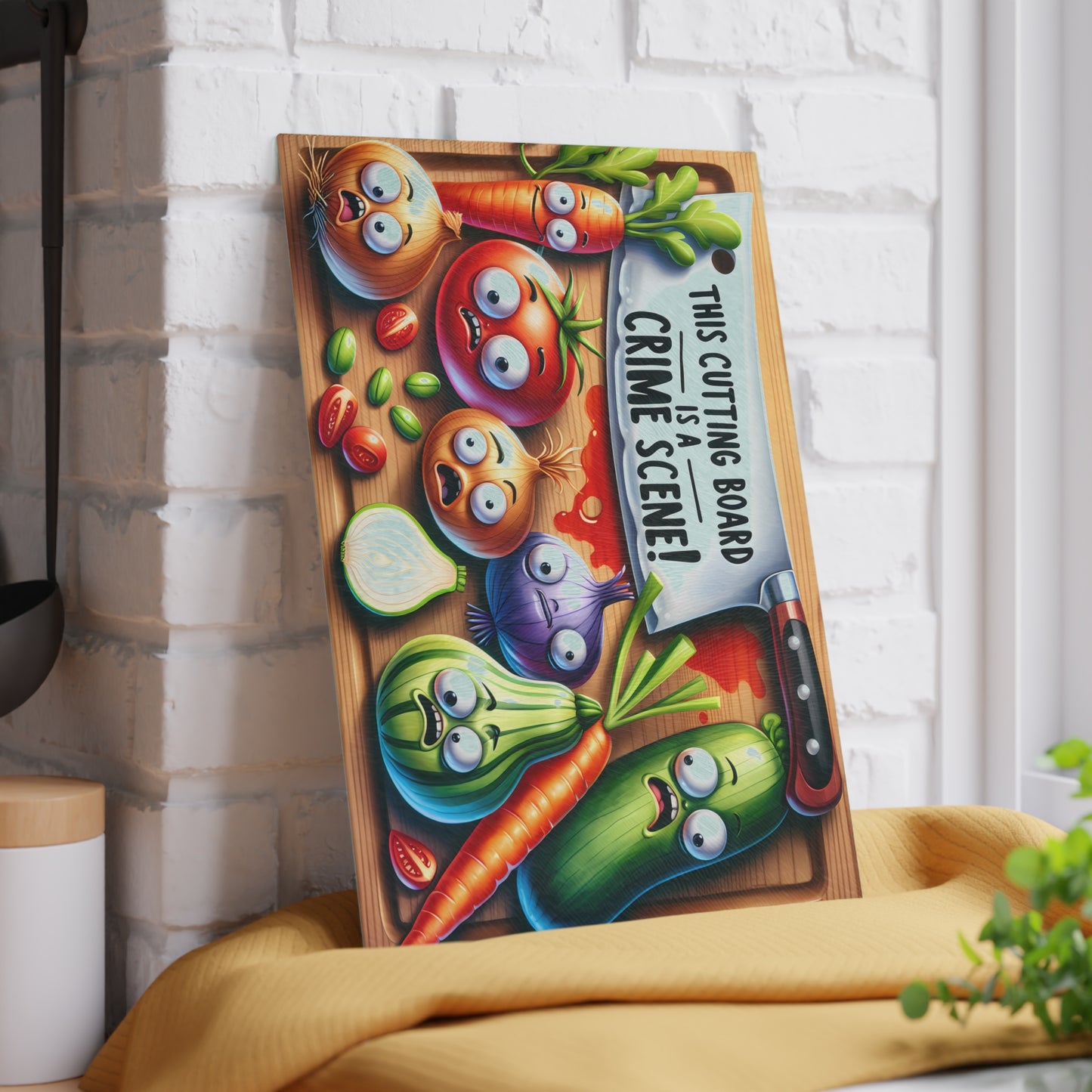 Tabla de cortar de vidrio con temática de escena del crimen en la cocina: verduras, pan y salami que gritan, decoración divertida para la cocina