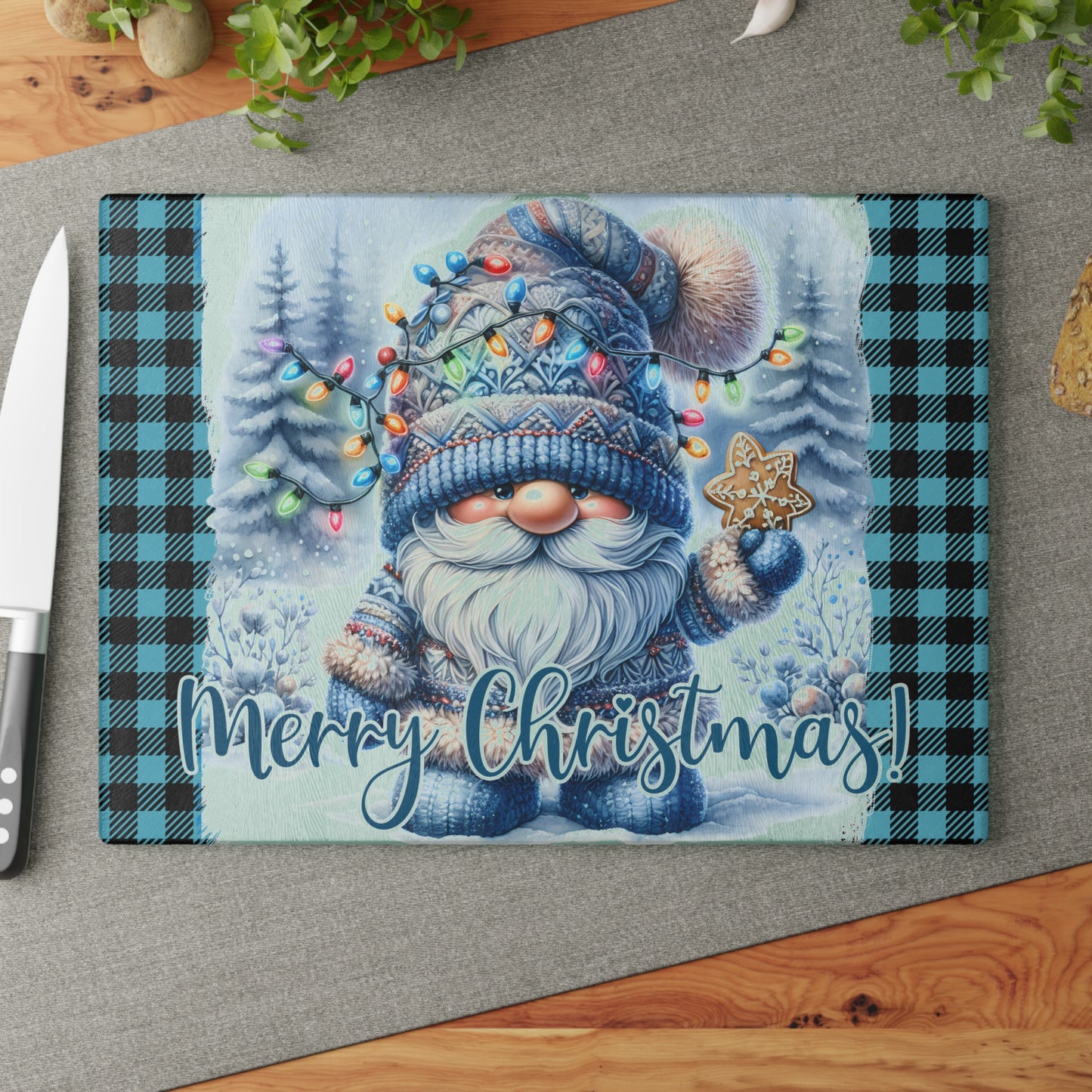🎄 Blue Plaid Christmas Gnome Cutting Board – Cozy Holiday Charm with Festive Lights & Gingerbread Magic ❄️