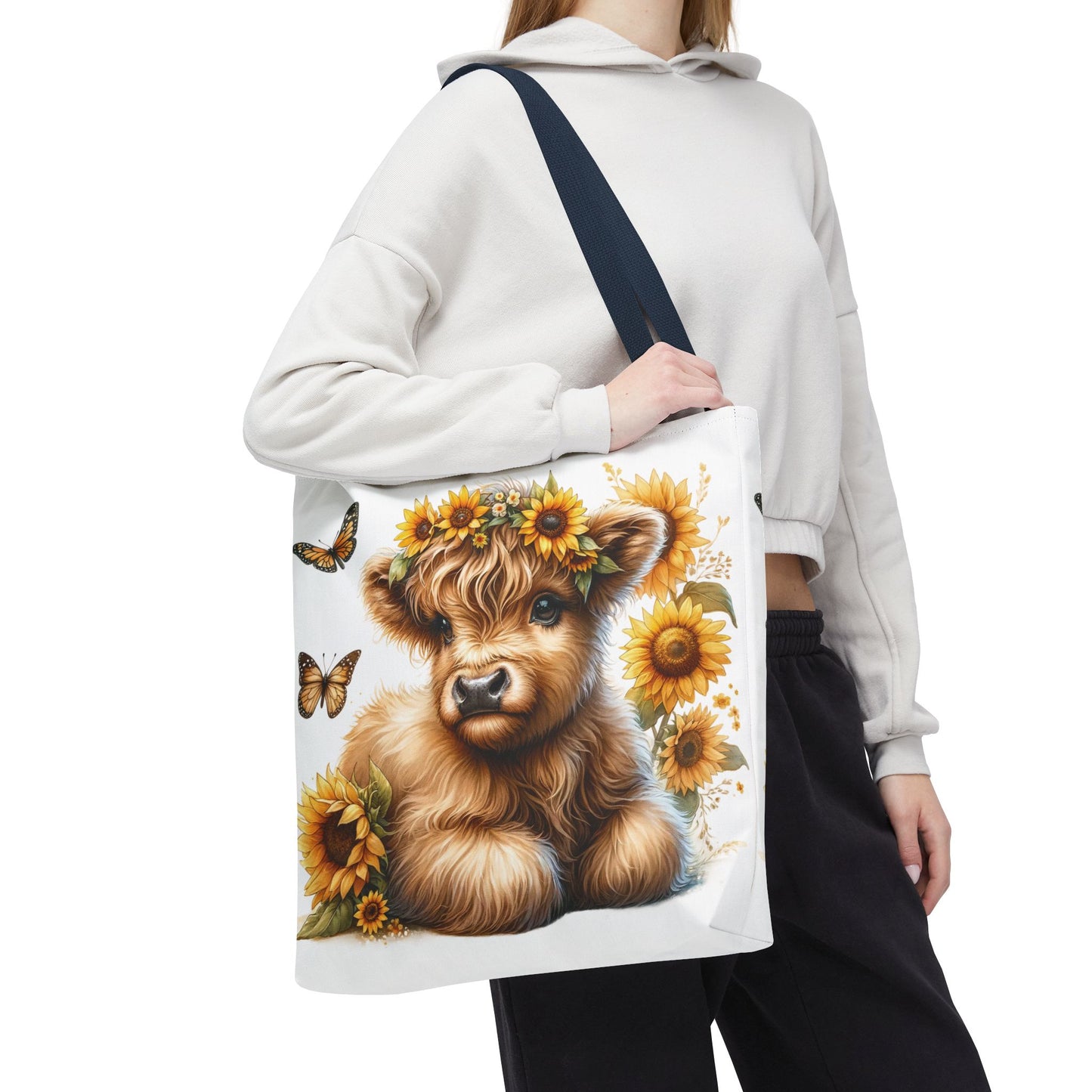 🌻 Sunflower Crown Highland Calf Tote Bag – Country Charm & Butterfly Bliss 🐮👜