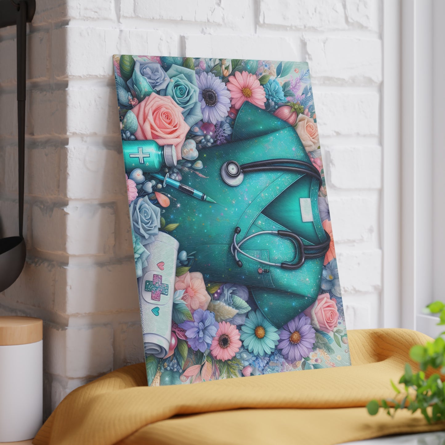 Nurse Scrubs and Florals Cutting Board – Medical Elegance with Heartfelt Style