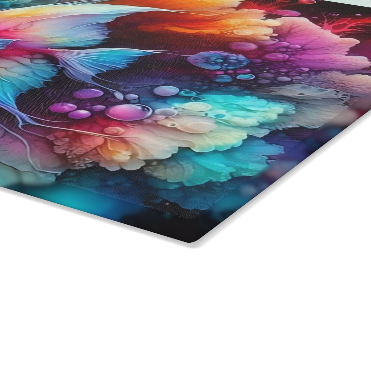 Tabla de cortar de vidrio con diseño de pez fantasía vibrante: Elegancia de arrecife de acuarela para cocinas artísticas