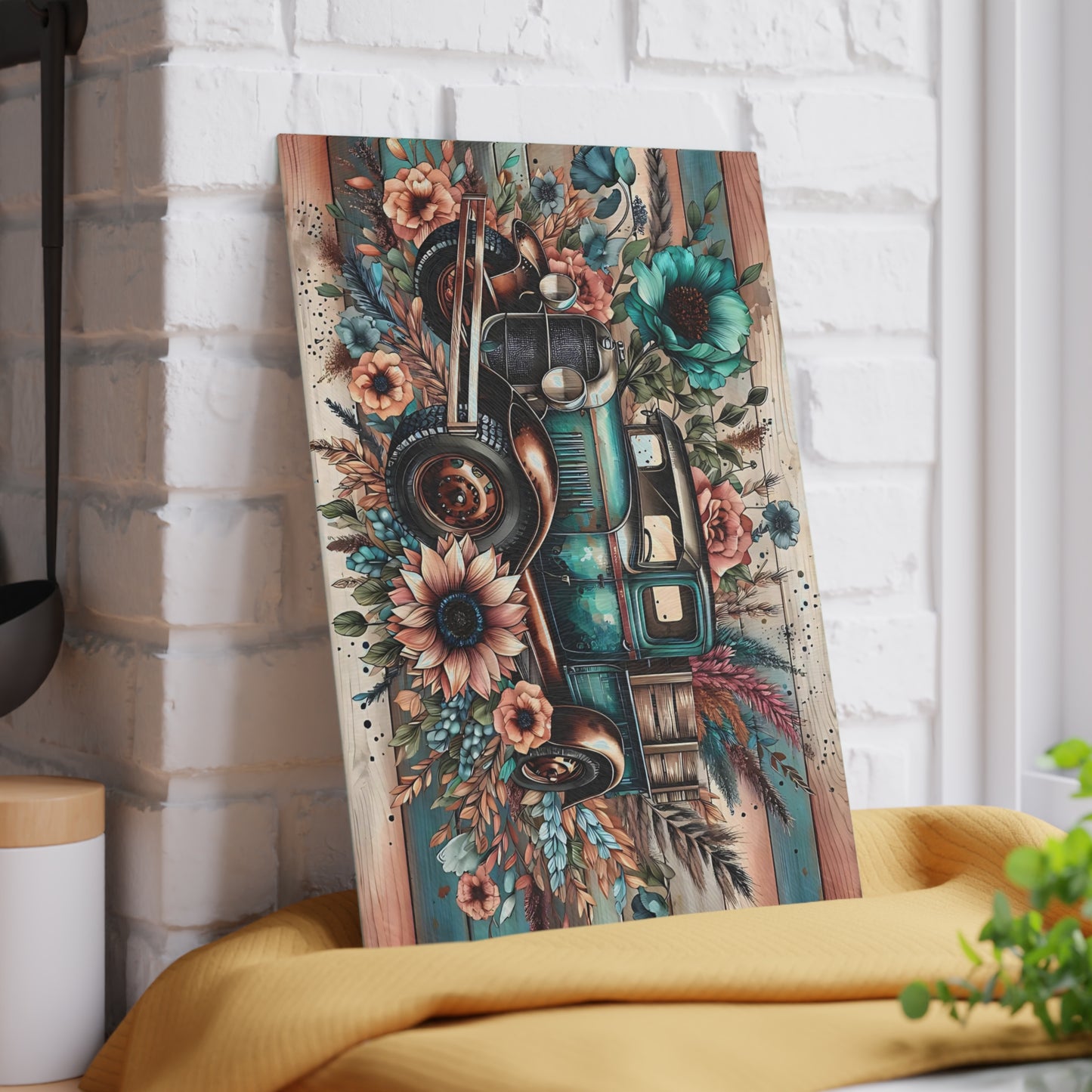 🚜🌸 Vintage Teal Farm Truck Cutting Board – Rustic Charm with Floral Elegance 🌻🌿