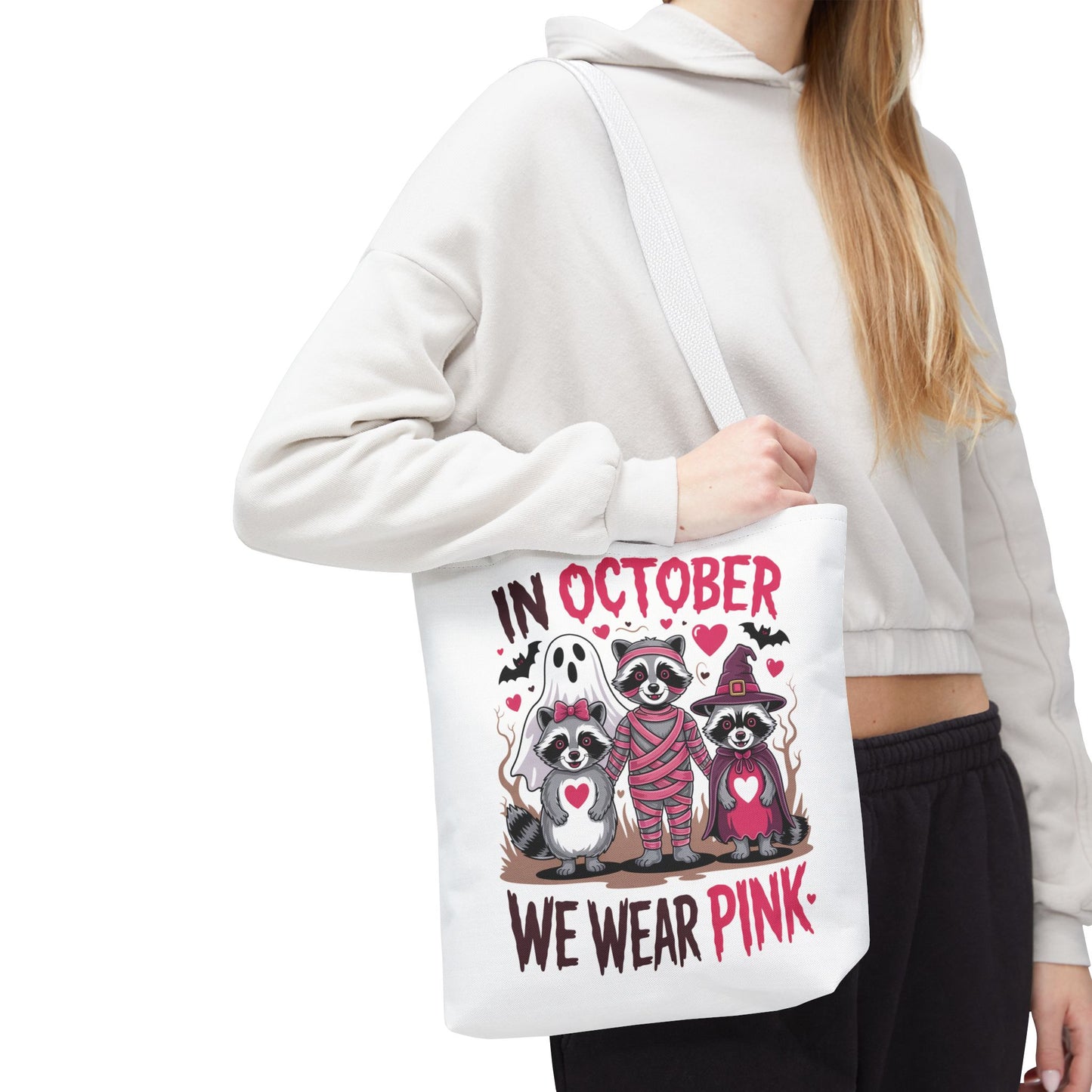 🎀 In October We Wear Pink Raccoon Halloween Tote Bag – Spooky Cute Awareness Style 🦝👜