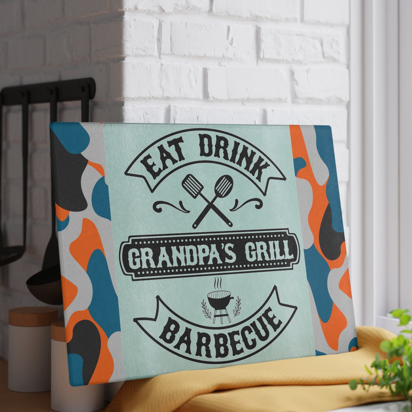 EAT DRINK GRANDPA’S GRILL BARBEQUE – Camo Glass Cutting Board for Backyard Kings 🧢🍔