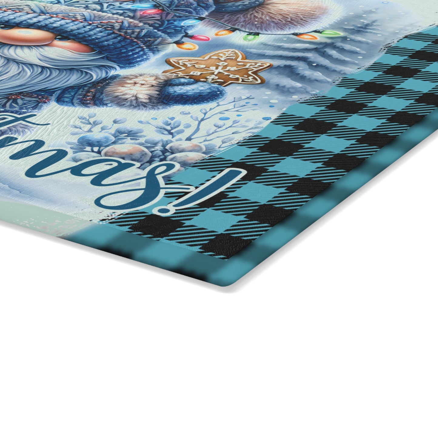 🎄 Blue Plaid Christmas Gnome Cutting Board – Cozy Holiday Charm with Festive Lights & Gingerbread Magic ❄️