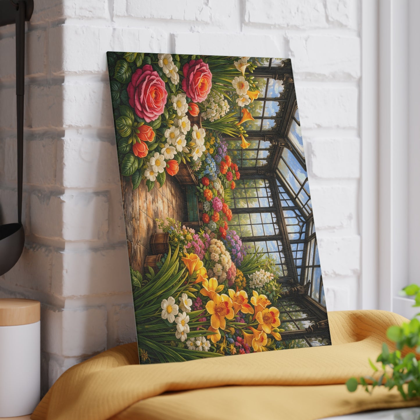 Sunlit Garden Conservatory Glass Cutting Board – Floral Greenhouse Kitchen Décor