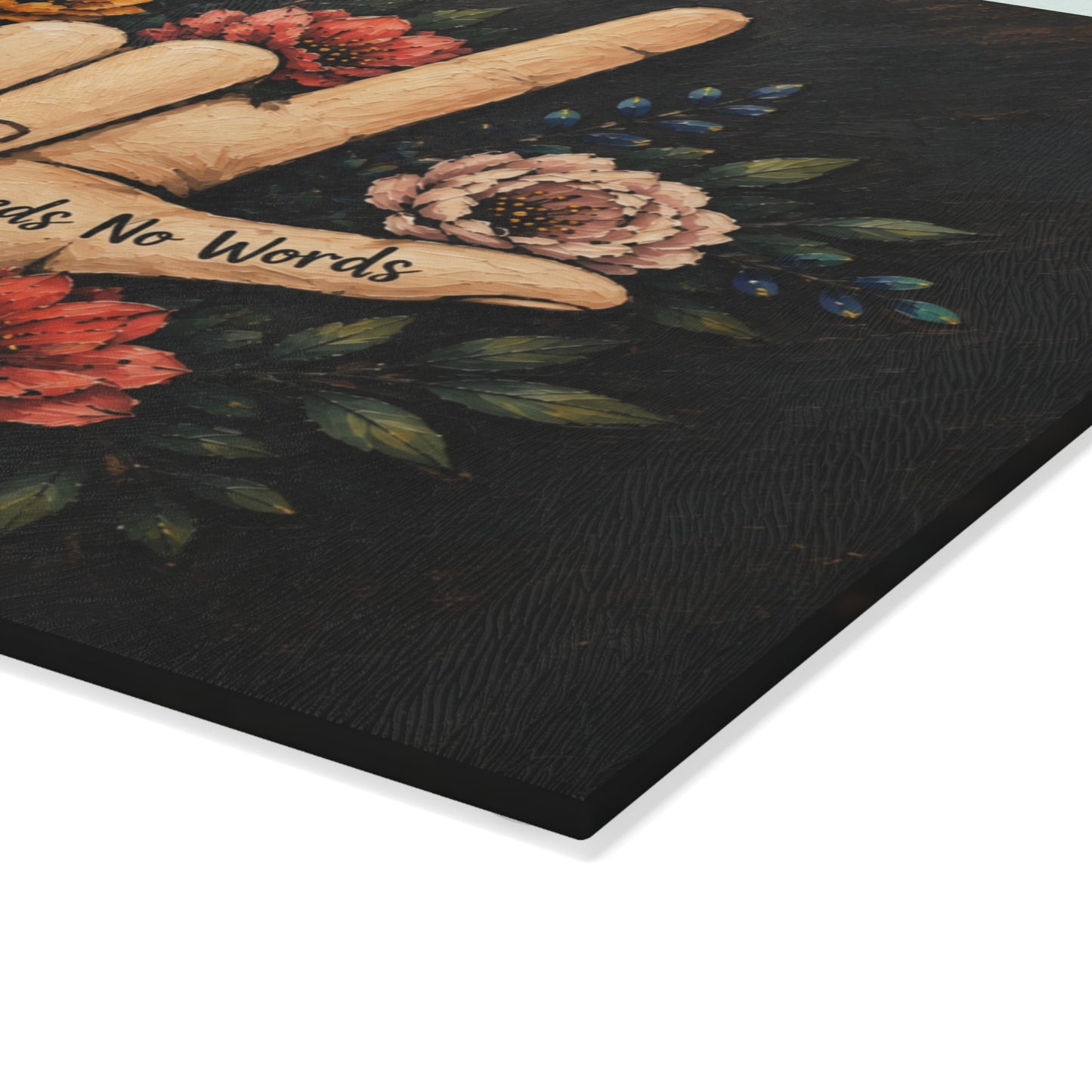 Love Needs No Words Glass Cutting Board – Painted Floral ASL Hand Design