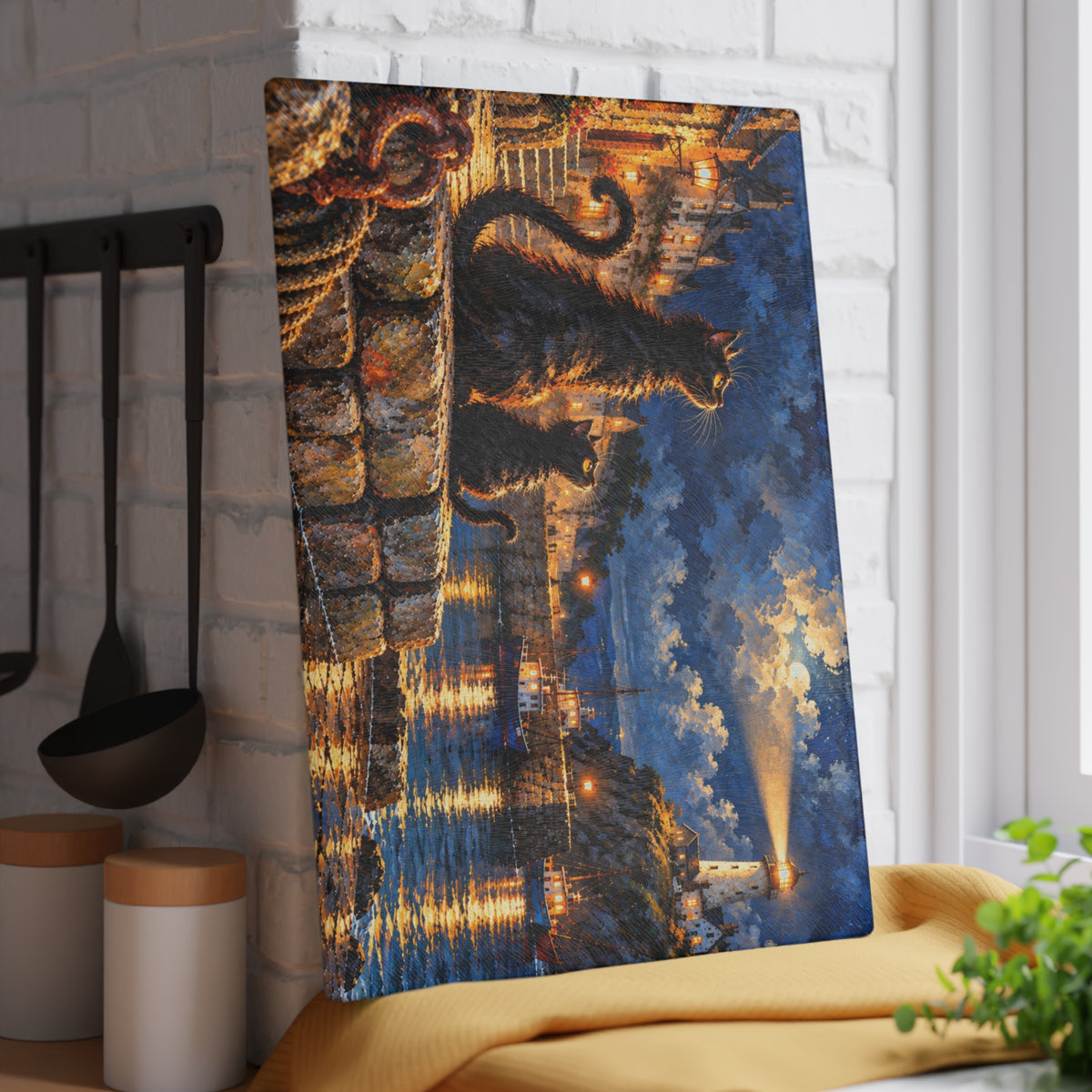 Moonlit Harbor Cats – Coastal Lighthouse Tempered Glass Cutting Board – 11 × 15 Inches
