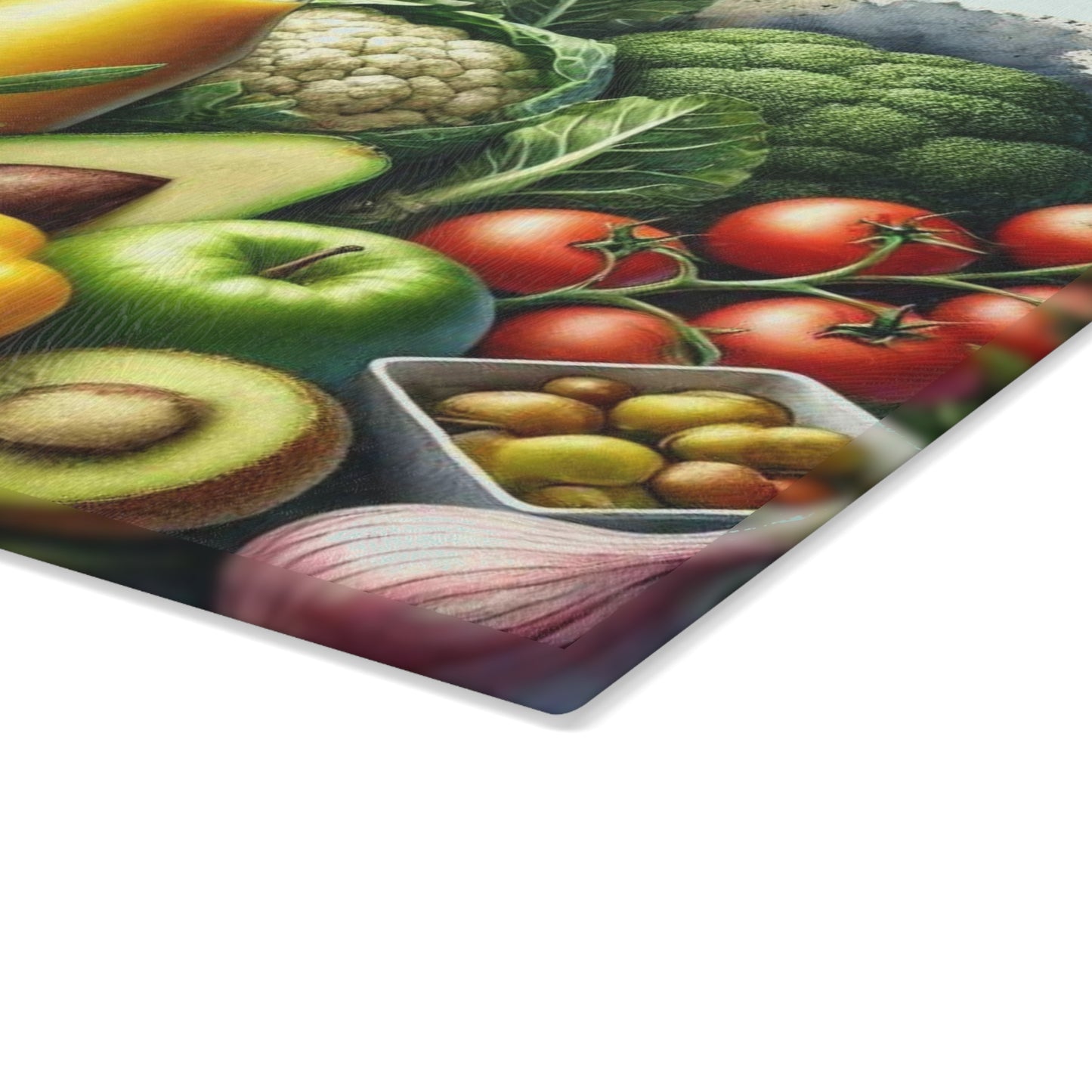 Tabla de cortar de vidrio templado para verduras con una vibrante variedad de verduras frescas
