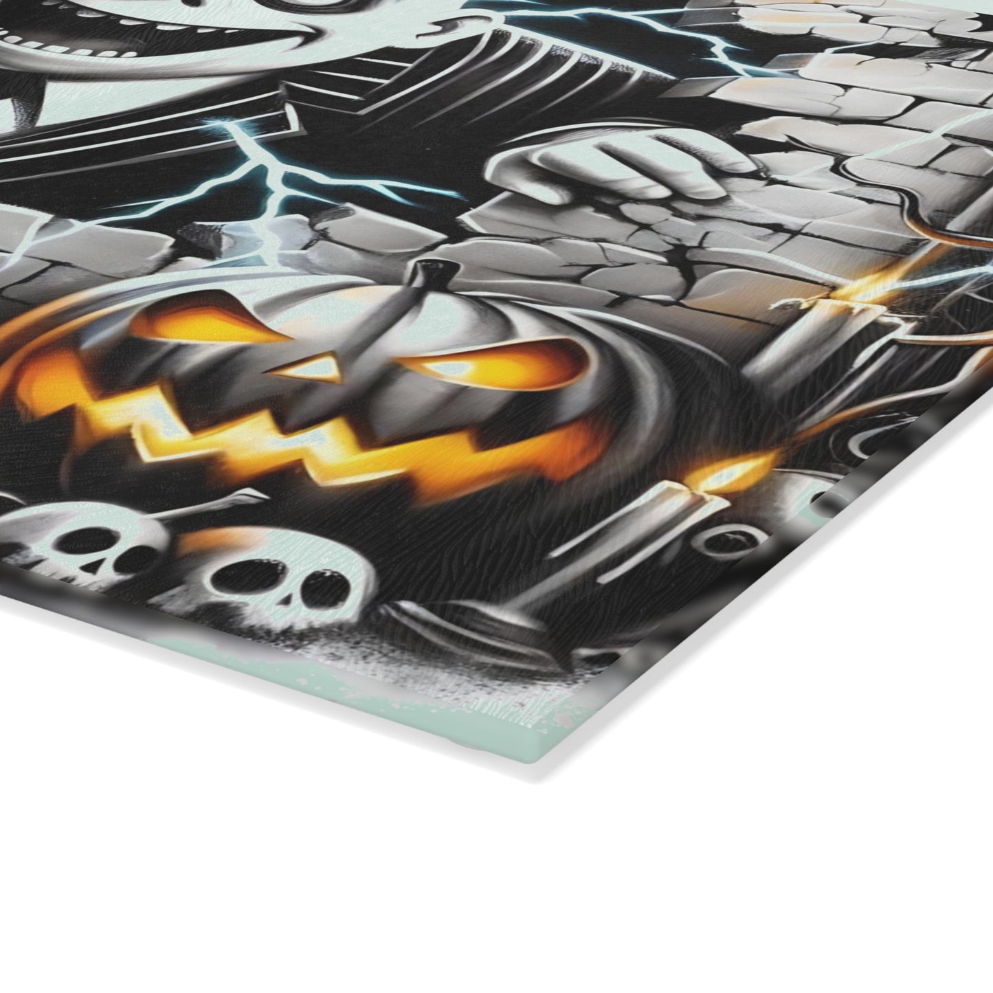 🎃 Haunting Brick Wall Villain Cutting Board – Electric Scare & Pumpkin Glow Kitchen Horror 💀⚡