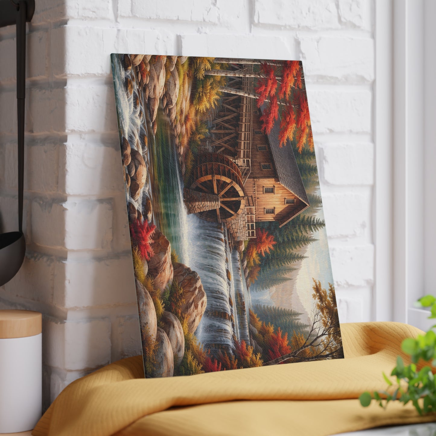 Autumn Watermill Landscape Glass Cutting Board – Rustic Mill and Waterfall Kitchen Art