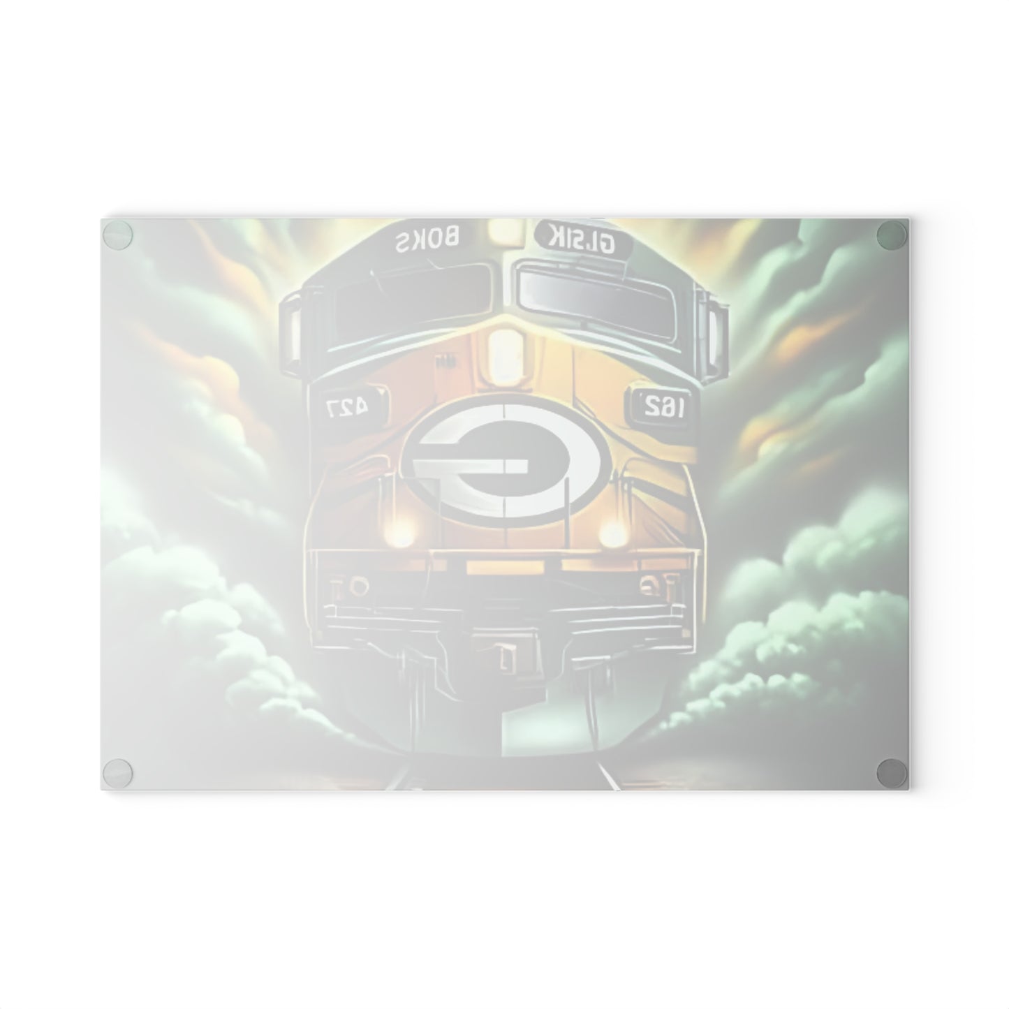 Tabla de cortar de vidrio verde y amarillo Express: exhibición vibrante de cocina de tren