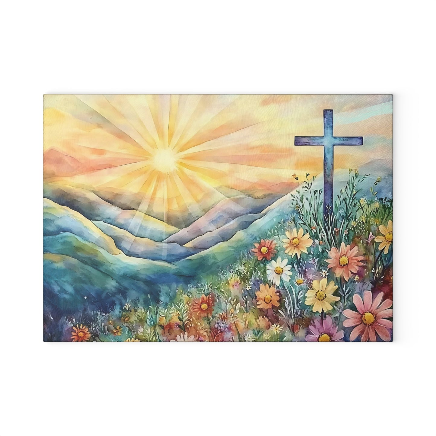 🌄🌸 Sunrise Mountain Cross Cutting Board – Peaceful Faith Kitchen Décor with Florals & Radiant Light ✝️✨