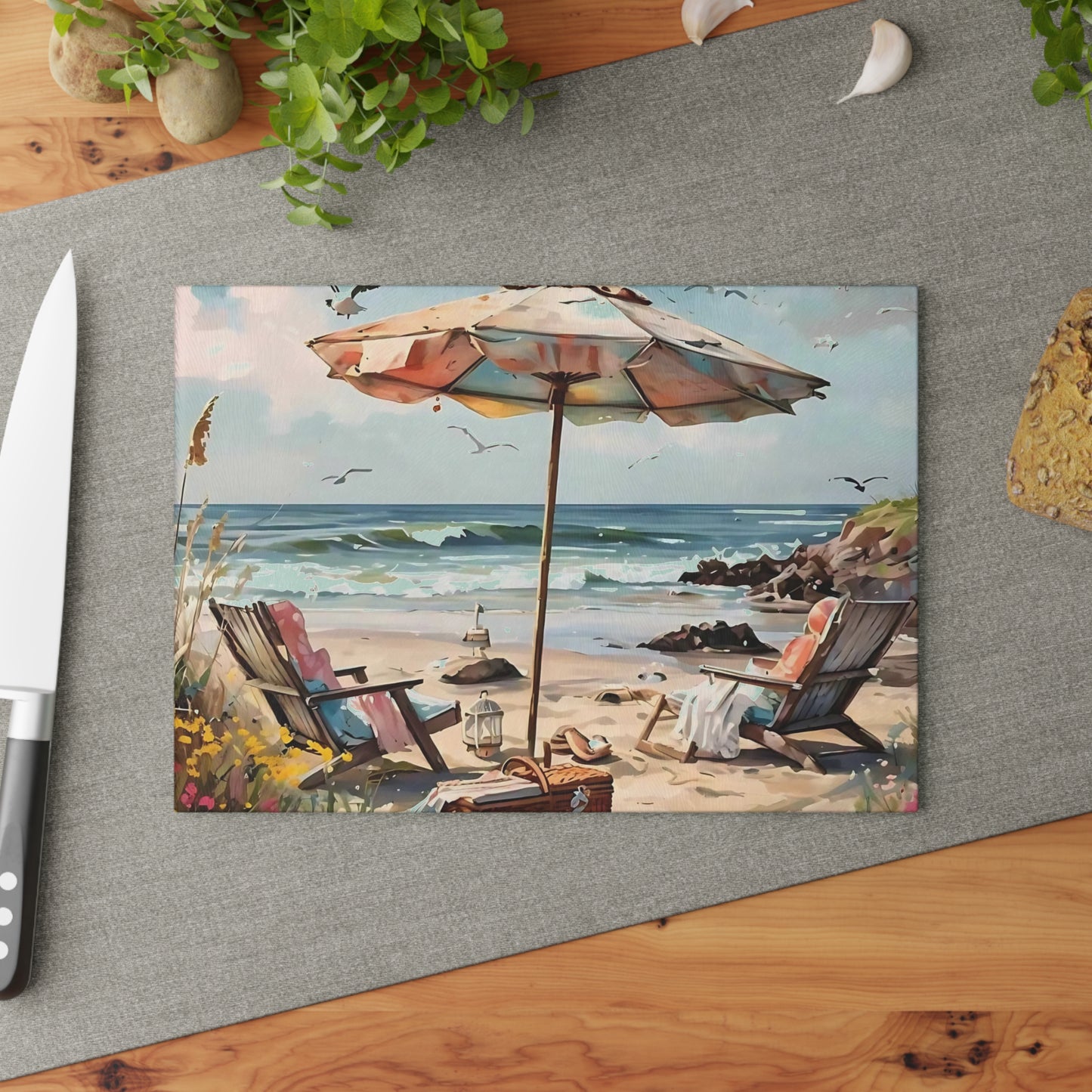 Beach Cutting Board, Coastal Decor, Ocean Art, Beach Gift, Glass Cutting Board, Tropical Kitchen Decor, Hand-Painted Look, Beach Scene