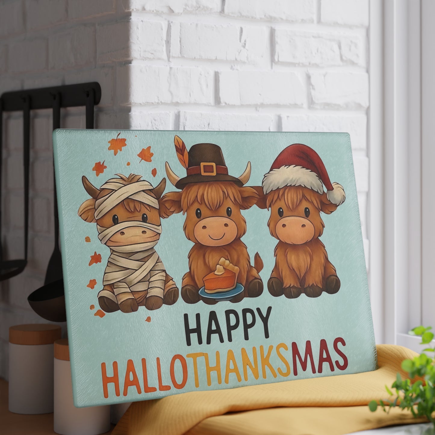 🎃🦃🎄 Happy Hallothanksmas Highland Cow Cutting Board – Festive Multi-Holiday Kitchen Décor 🍁🥧✨